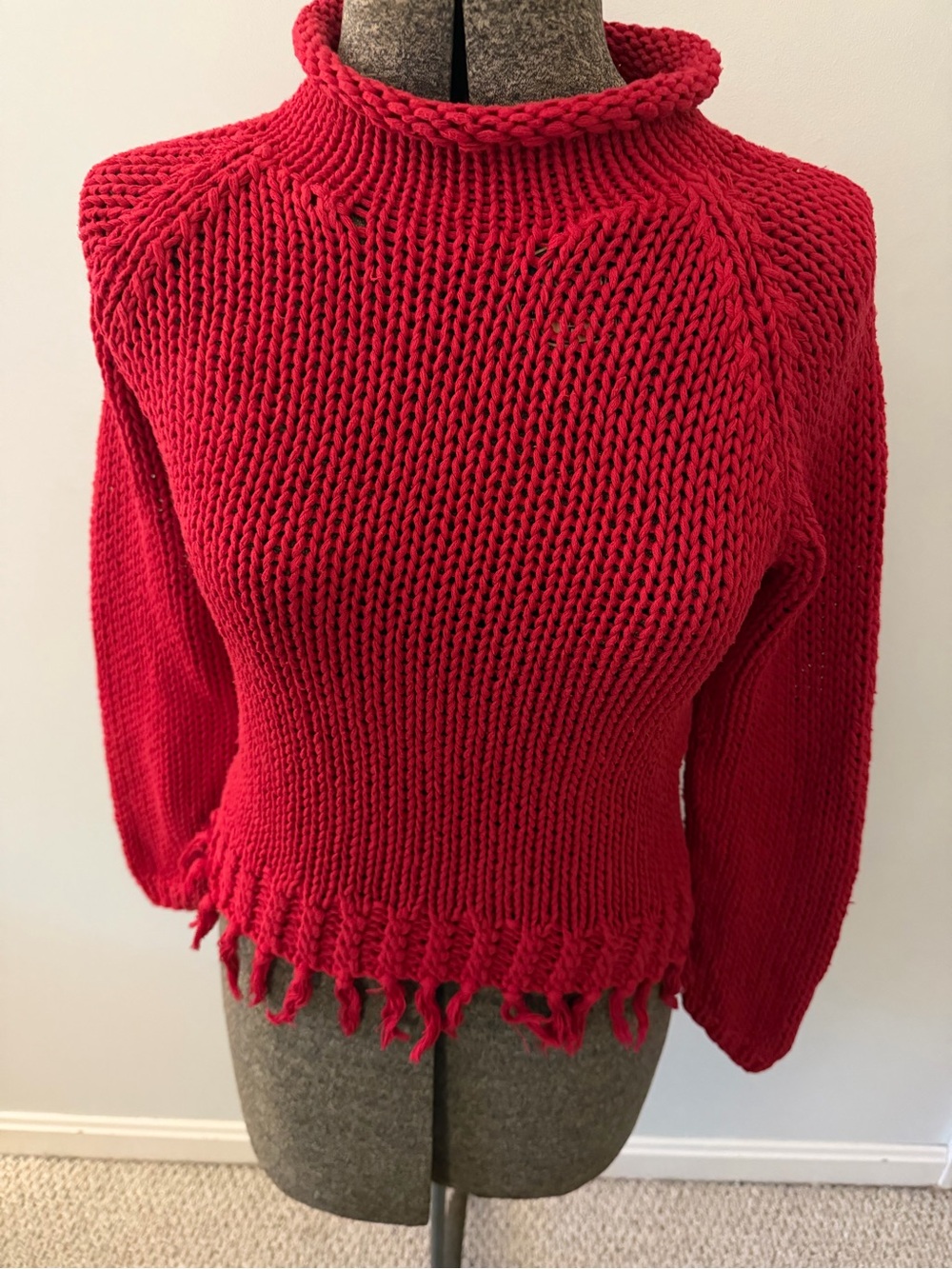 Red ramie/cotton Women's Chunky Knit Turtleneck Sweater with bottom fringe
